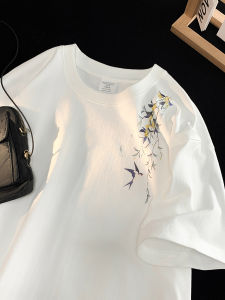 Loose Fit Cotton T-Shirt round Neck Short Sleeve Printed Youth Fashion Summer Casual Wear Five-Quarter Sleeve Floral Pattern