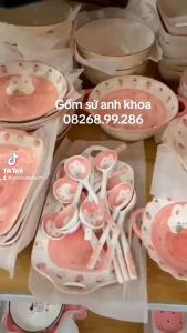 Siêu Sale - Bộ Bát Đĩa Gốm Sứ Decor Bát Ăn Cơm Bát Ăn Chè Chén Dĩa Dễ Thương Sét Bát Đĩa Thỏ Ôm Dâu Hồng Đáng Yêu Dễ Thương