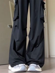 Quần Dài Ống Rộng Cạp Cao Màu Đen Cho Nữ Quần Dài Thể Thao Nhanh Khô Phong Cách Mỹ Quần Dài Thường Ngày Mùa Xuân Thu