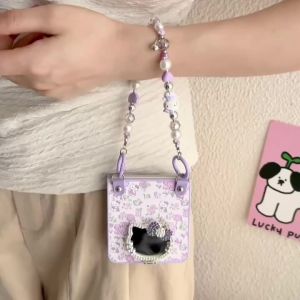 Sanrio | Cute Luxury Hello Kittty Floral Bracket Mirror Phone Case For Samsung Galaxy Z Flip 7 6 5 4 3 Shockproof Protection Cover Funda