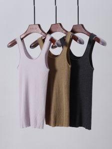 Silk Wool Stripe U-Neck Strap Vest Essential Basic Style Backless Commute Friendly Slim Fit Pure Color Womens Tank Top
