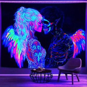 VIKAMA Neon Angel & Skeleton Couple Tapestry Fluorescent Dark Romance Design Wall Hanging for Bedroom Decor