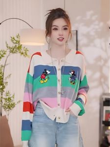 เสื้อคาร์ดิแกนถักขนสัตว์คอโปโลผู้หญิงสไตล์เกาหลีฤดูใบไม้ผลิ 2025 แขนยาว ลายทาง กางเกงขายาว สีบล็อก เสื้อคลุมกันหนาวแฟชั่น