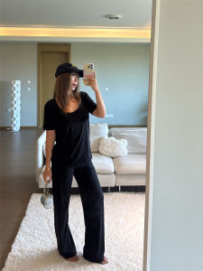 Early Morning Harajuku Style Womens Summer Fashion Set Low Waist Straight Leg Pants U-Neck Short Sleeve T-Shirt Cool Sensation