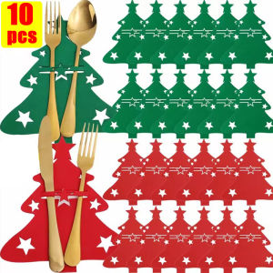 10pcs Christmas Cutlery Holders / Xmas Tree Spoon Fork Holder Bag / Felt Christmas Table Decoration Cutlery Bag / Home New Year Christmas Decoration