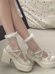 รองเท้าส้นสูงสไตล์ญี่ปุ่นสำหรับผู้หญิง ทรง Mary Janes พร้อมโบว์ผูกเชือก รองเท้าส้นแบนแบบลำลองสำหรับผู้หญิง