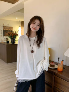 White Large Size Bamboo Cotton Lace Long Sleeve T-Shirt Womens Early Autumn Casual Loose Top Base Layer Shirt