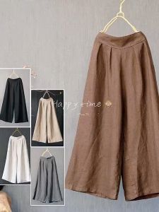 Women High Waist Wide Leg Pants Plus Size Culottes Cotton Linen Loose Pants MY-019