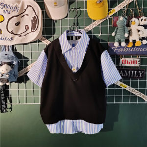 Summer Handsome Striped Fake Two Pieces Shirt Outfit Mens Fancy Loose Short Sleeve Shorts Two-piece Set Mens Suit