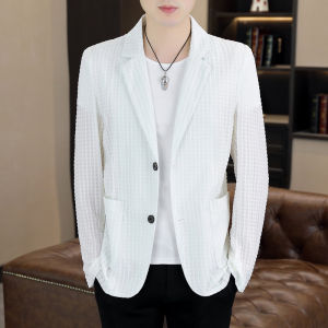 Summer Thin Suit Men Ice Silk Breathable Thin Outwear Gingham K-style Silm Business Casual Solid Color Suit
