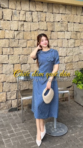 Đầm thiết kế BEMINE cổ trụ hoạ tiết chấm bi dáng chữ A phù hợp đi làm-B486