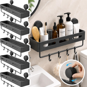 Removable Suction Cup Shower Storage Shelf / No Drilling Draining Bathroom Organizer Rack / Equipped with Towel Bar Hooks for Bathroom Kitchen Toiletries Storage