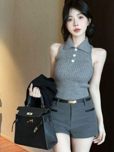 Quần Short Nữ Cạp Cao Ôm Sát Màu Xám Thường Ngày Mùa Hè 2025 Quần Áo Công Sở Cao Cấp Gợi Cảm Đa Năng