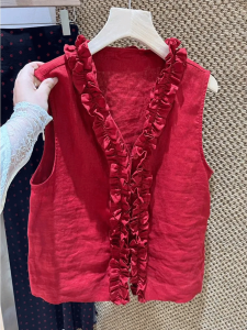 Unique Elegant Beautiful Red Lace Sleeveless Shirt Womens Summer New Style Age Reduction High-End Feelings Top Quality Fashion