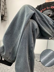 กางเกงยีนส์ทรงหลวมสไตล์อเมริกันสำหรับผู้ชาย กางเกงขายาวทรงตรงลายดาวนิวมินิมอลสำหรับฤดูใบไม้ผลิและฤดูใบไม้ร่วง กางเกงขายาวทรงหลวมสไตล์ไฮสตรีท