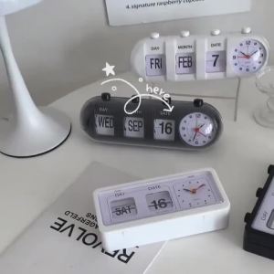 INS style black manual page turning calendar alarm clock digital seat Square creative all-match touring