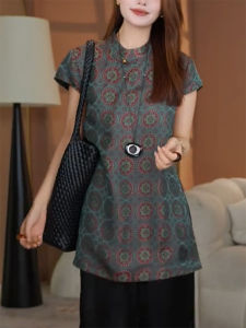 QINGNAER | Plus Size Chinese Style Jacquard Cross-over Collar Short Sleeve Shirt