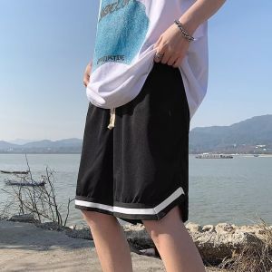 American Basketball Sport Shorts Men Summer Striped Splicing Outdoor Beach Pants High Street Teenage Five-Quarter Pants