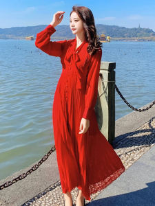 ชุดเดรสยาวแขนยาวสีแดง Rsemnia สำหรับผู้หญิง ชุดเดรสยาวสไตล์ฝรั่งเศส ชุดไปเที่ยวชายหาด ชุดเดรสยาวปานกลาง ชุดทำงานฤดูใบไม้ร่วง