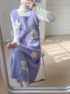 Sweet Knitted Midi Dress Sleeveless Vest Winter New Design Polyester Fiber 100% Square Collar Overlap Style Womens Sweater Dress