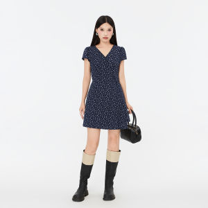Summer Floral A-Line Mini Dress Womens plus Size One-Piece Waist-Cinching Slimming Short Sleeve V-Neck High Waist Skirt