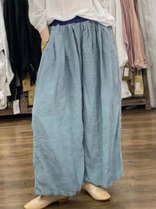 Quần Ống Rộng Vải Lanh Phong Cách Cổ Điển Cho Nữ Mùa Hè 2024 Quần Ống Rộng Thoải Mái Cạp Cao Họa Tiết Khối Màu Quần Vải Lanh