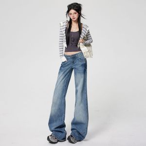 MZVZ | Quần Jeans Phồng Thấp Vintage Sọc Chớp Rộng