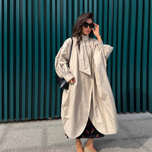 Batwing Sleeve Solid Womens Windbreaker Long Double Breasted Loose Lady 2026 Spring Autumn High Street Fashion Casual Jacket