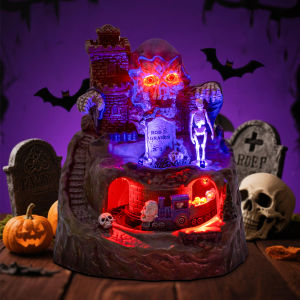 Animated Halloween Village House Decor with Moving Train Pre-Lit Music Skull Ghosts Tombstones Figurines Spooky Party Atmosphere