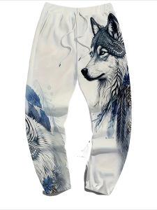 2026 Hot Selling Fashionable New Mens Wolf Pattern Jogging Pants with Drawstring Casual and Comfortable Pants in Large Size