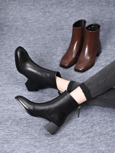 Retro Chunky Heel Short Boots Womens French Style Square Head Medium Heel Slim Elastic Boot British Style Comfortable Brown Naked Boot Women