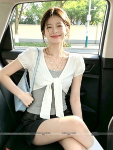 Dot Spliced Bow Band Short Sleeve Tshirt Women Slim Fit