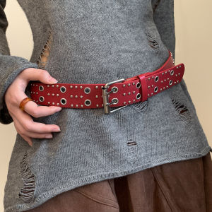 BAOYINFEI | Vintage Red Double Buckle Studded Belts