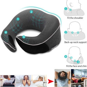 Bantal perjalanan bantal leher busa memori untuk perjalanan kapal terbang Velcro laras selesa & bernafas penutup boleh dibasuh mesin bantal mampat dengan beg penyimpanan padat