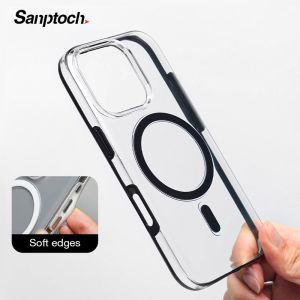 Sanptoch cho MagSafe trong suốt pha lê ốp điện thoại cho iPhone 16 Pro Max viền khung TPU mềm + Cứng trong suốt bìa cho iPhone 16 chống sốc bảo vệ chống rơi vỏ