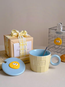 Ceramic Mug Cute Healing Style Water Cup with Lid for Drinking And Breakfast Ideal Birthday Gift for Women Single Ear Handle