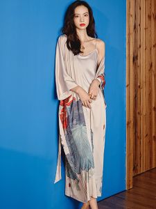 ชุดนอนผ้าไหมน้ำแข็งขนาดใหญ่ แขนกลาง ลายดอกไม้ ฤดูร้อน เซ็กซี่ ชุดคลุมหัวนอนผู้หญิง ชุดนอนผ้าซาติน ชุดนอนวันหยุด