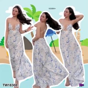 Dress เดรสยาว เว้าอก หลังผูกโบว์ TT18308
