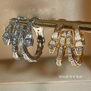 2 Colors Double-layer Luxury Full Shiny Diamond Pave Snake Bone Statement Hoop Earrings with Clip Buckle Earstud 18K Gold Plate 925 Silver V Gold