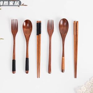 ชุดช้อนส้อมไม้ ด้านบนของช้อนส้อมห่อด้วยด้ายสไตล์ญี่ปุ่น