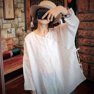 Retro Chinese Style Cotton Linen Shirt Original Design Thin Silk Tie Dotted Travel Slim Fit Womens Business Casual Shirt