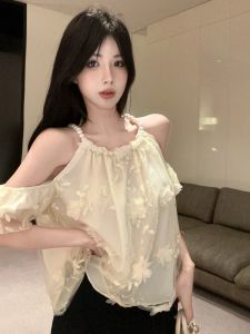 GUZILIAN | Elegant Pearl Necklace Hanging Strap Top Women Summer Pure Desire Shoulder Exposure Short Sleeve Silk Shirt Loose Korean Style