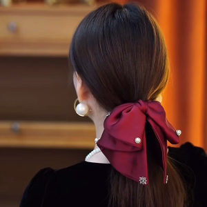 Fancy Red Satin Bows Ribbon Hairpin Female Elegant Low Ponytail Clip Back Head Grip Headdress Hairpin