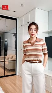 Áo mongtoghi CARDINA cổ polo tay lỡ nhẹ nhàng màu sắc hài hòa phối kẻ ngang trẻ trung thanh lịch 4ALL08