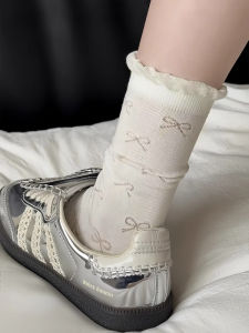 White Butterfly Knot Womens Mid-Calf Socks Summer Thin Pure Cotton Breathable Long Socks Ballet Style Over-The-Knee Socks