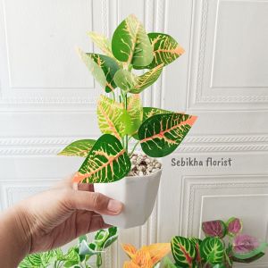 Bunga hias plastik sudah satu set dengan pot/dekorasi ruangan/daun aglonema plastik