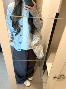 YUEZHONGWEI | Gray Hollow Out Knitted Cardigan Womens Early Autumn New Lazy Style Korean Atmosphere Clothing Long Sleeve Round Neck Top