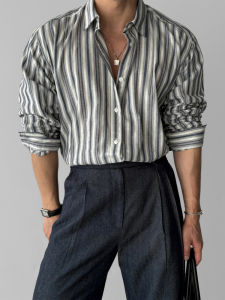Loose Fit Long Sleeve Mens Shirt Vertical Stripes Hong Kong Style Retro Autumn New Arrival Fashionable Casual Outerwear