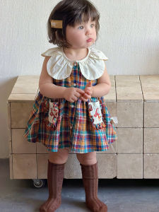 Girls Lightweight Sleeveless Plaid Cartoon Patterned Dress