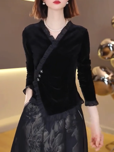 QINGNAER | Velvet Cross V-Neck Lace Slimming Chic Blouse
